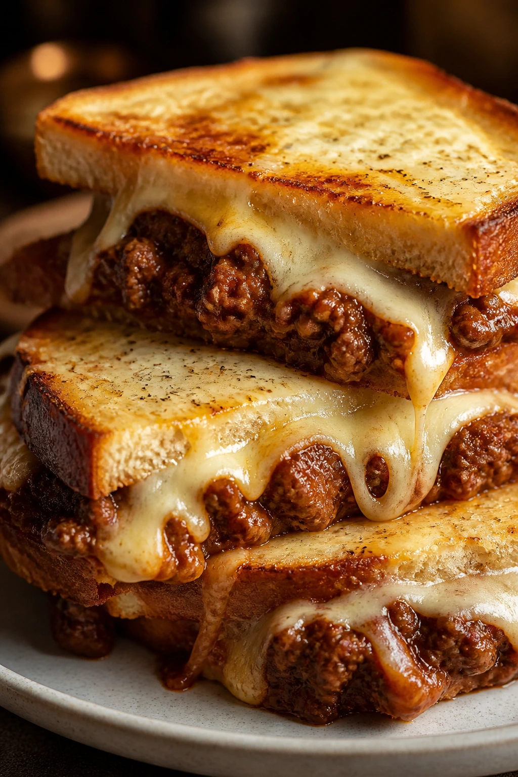 Close-up of sloppy joe melts with melted cheese on a plate