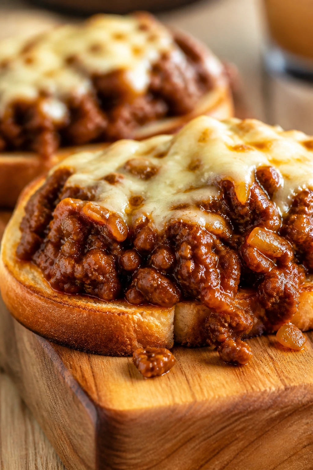 Sloppy joe melts on toasted bread with melted cheese