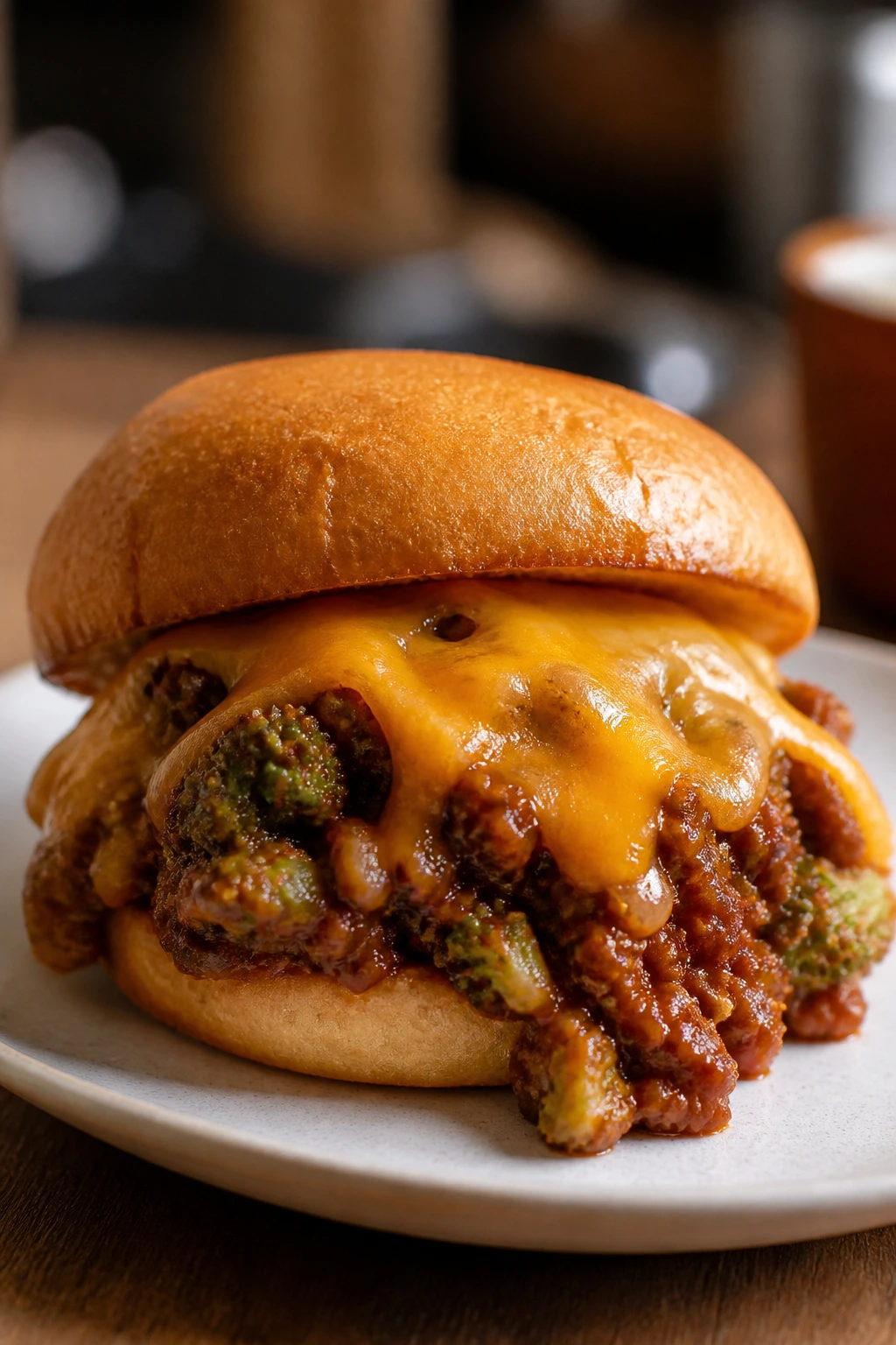 Gooey hamburger broccoli sloppy Joe melt on a toasted bun
