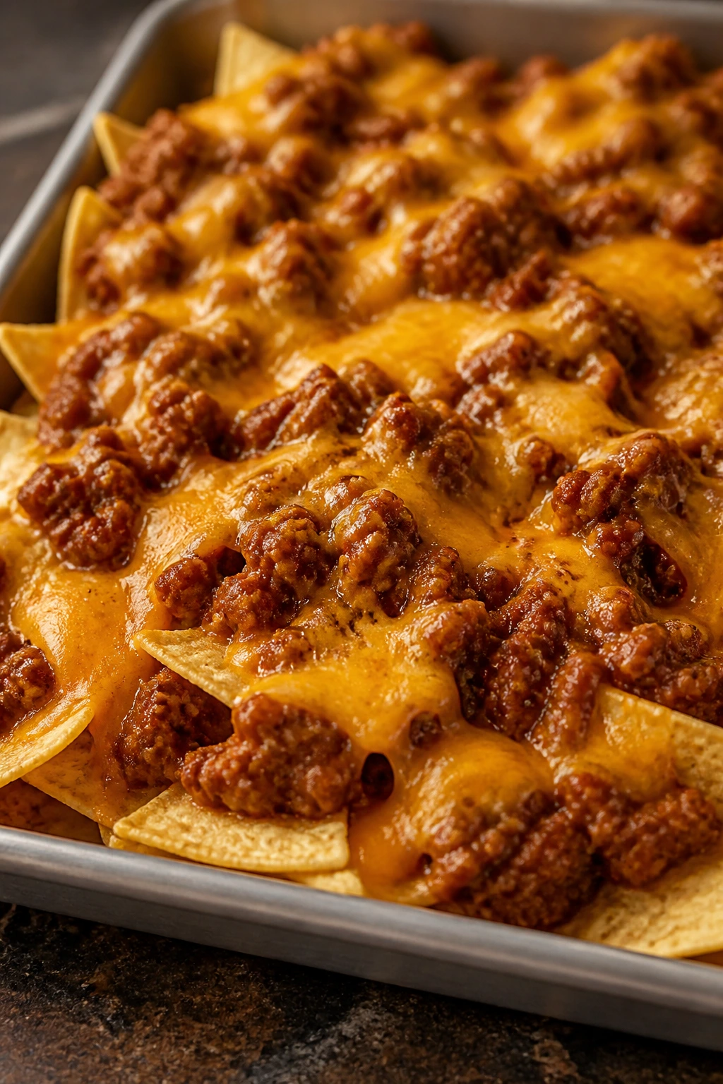 Tray of sloppy joe nachos with melted cheese on a kitchen counter