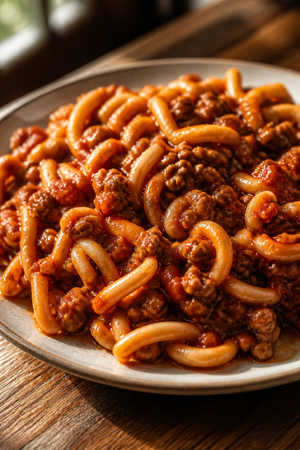 Plate of Sloppy Joe pasta with tomato-based sauce