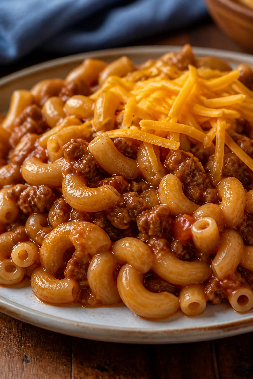 Plate of sloppy joe pasta in a cozy kitchen