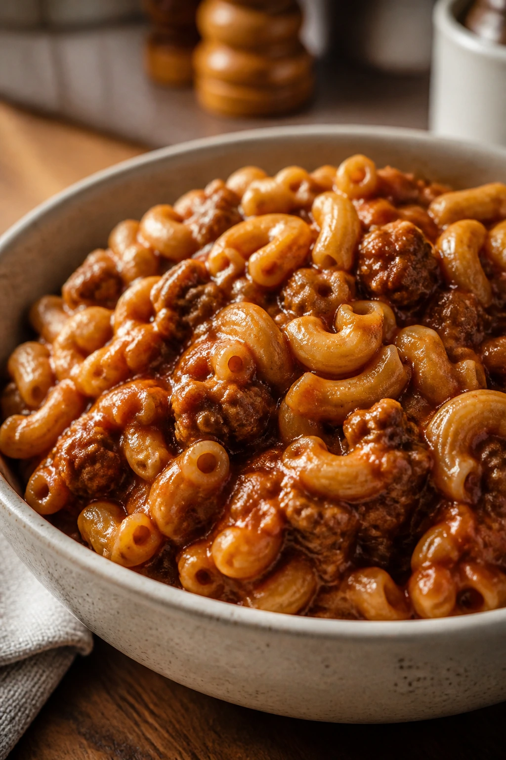 Close-up of One-Pot Sloppy Joe Pasta in a bowl with red sauce