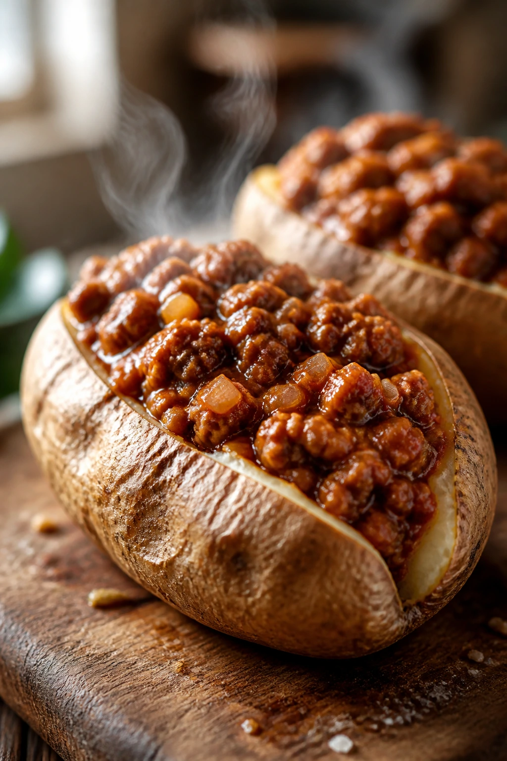 Close-up of a split russet potato topped with sloppy joe filling