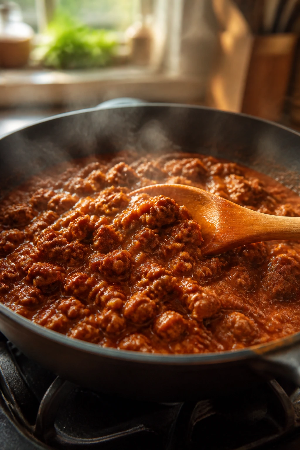 Steaming skillet with sloppy joe filling and wooden spoon