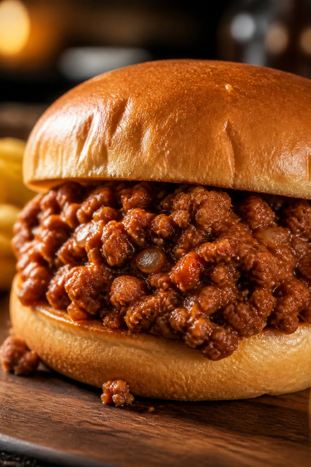 Close-up of hearty sloppy joe sandwich on toasted bun