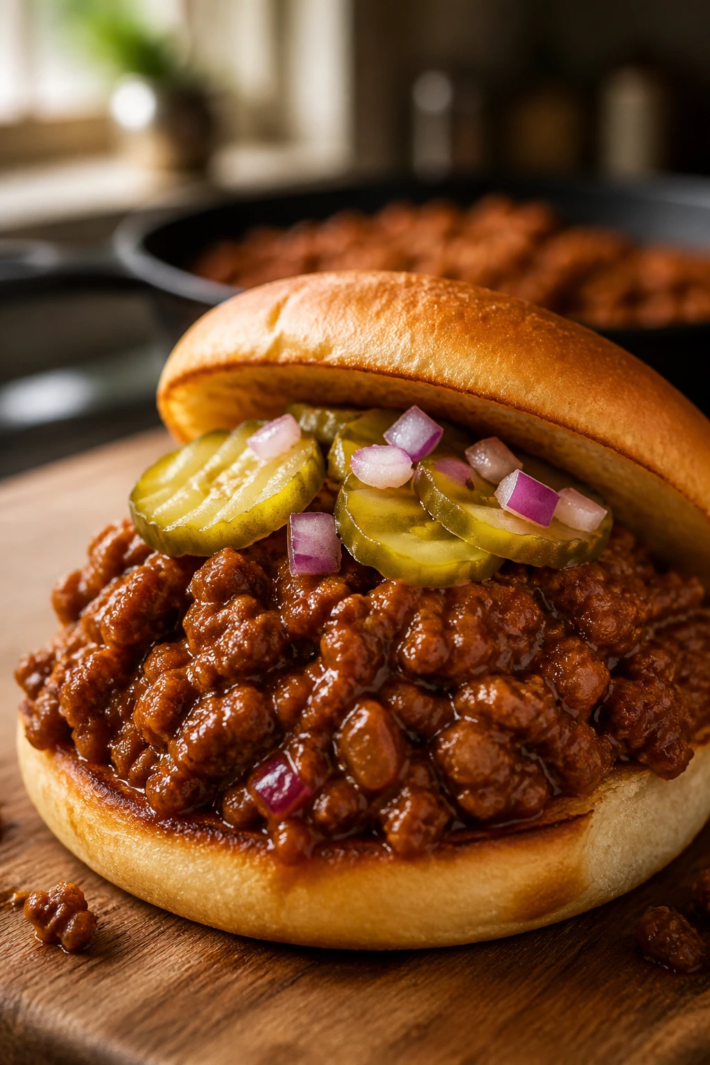 Close-up of thick sloppy joe filling on a toasted bun in a warm kitchen