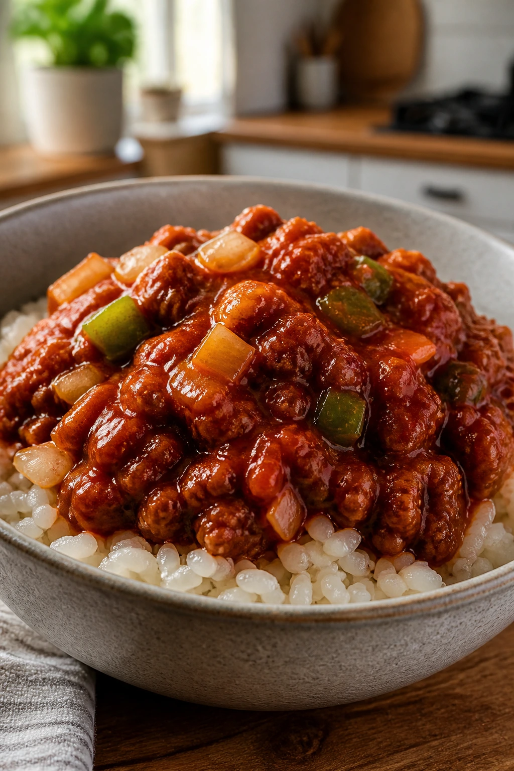 Close-up bowl of sloppy joe over rice with sauce
