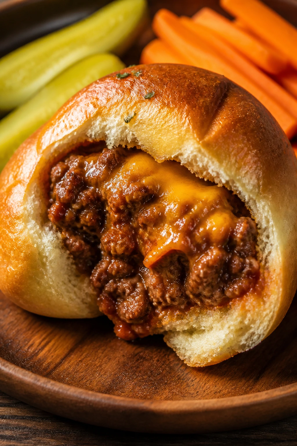 Close-up of a sloppy joe stuffed roll with beef filling on a wooden plate