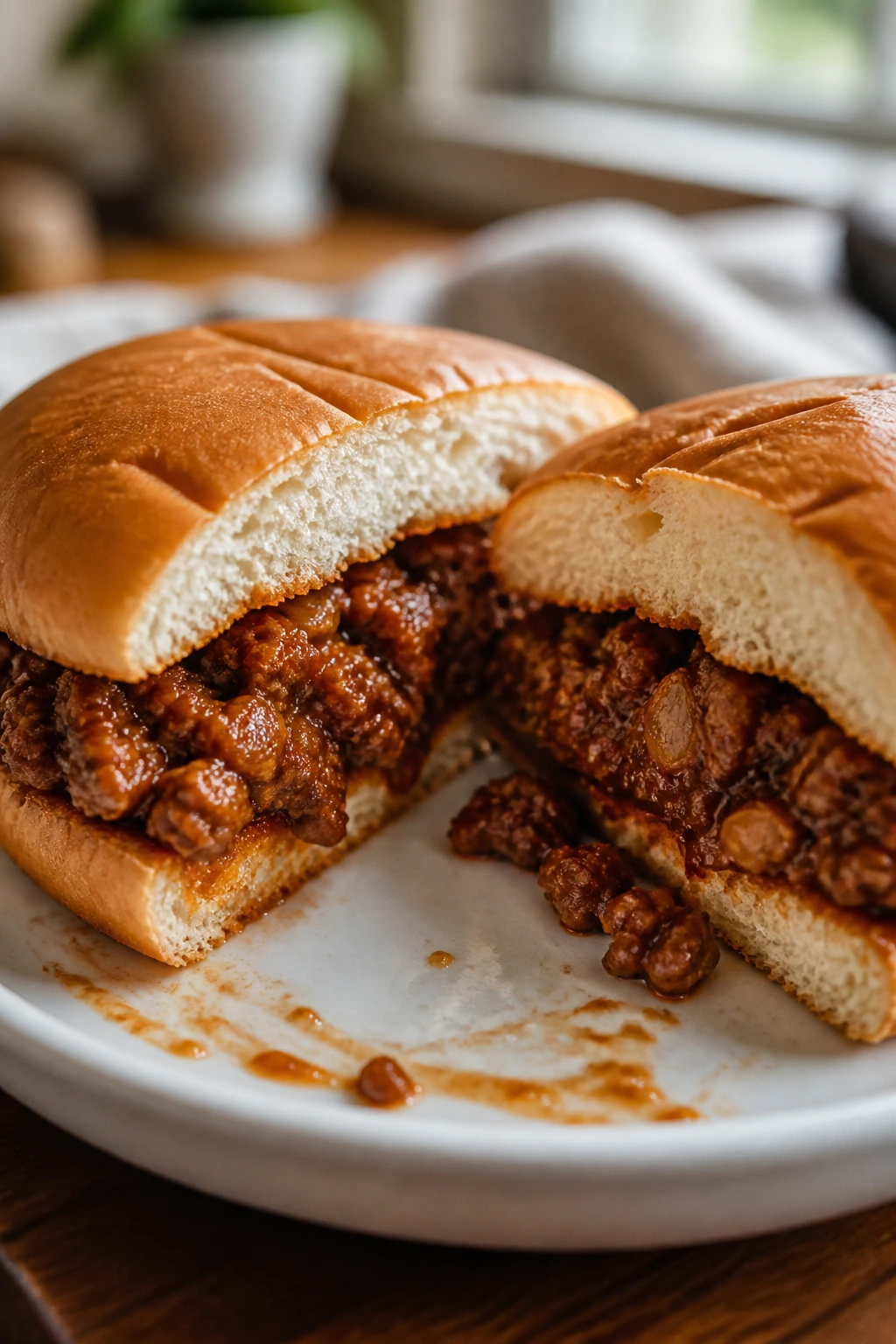 Close-up of a juicy sloppy joe sandwich cut in half on a plate