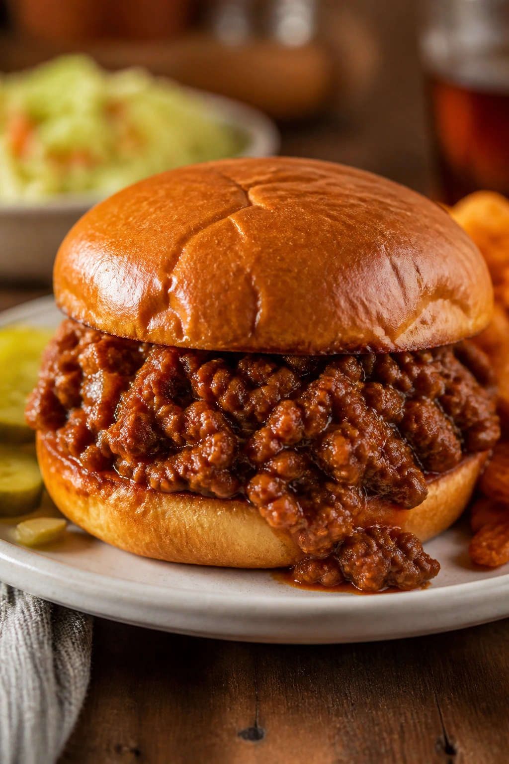 Sloppy joe sandwich on plate at dinner table