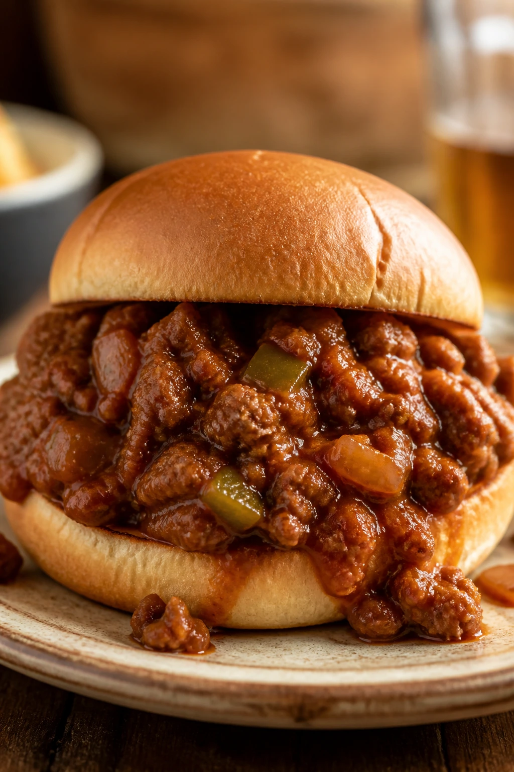 Juicy sloppy joe sandwich on rustic plate