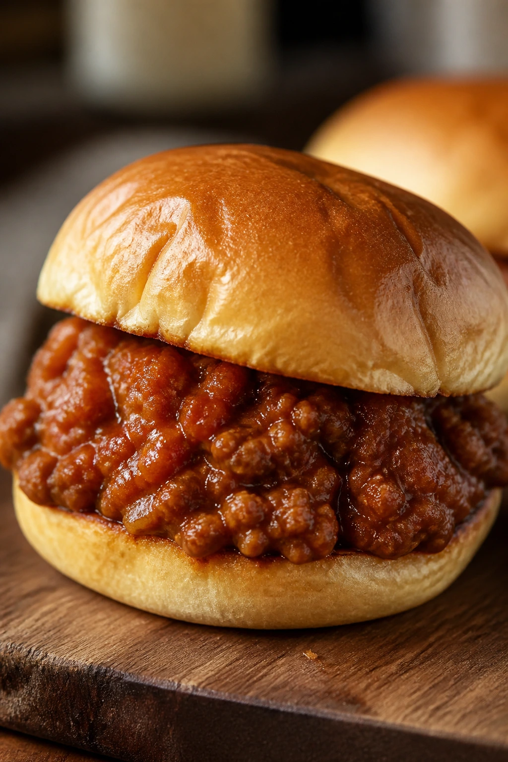 Close-up sloppy joe sandwich on a soft bun with glossy sauce