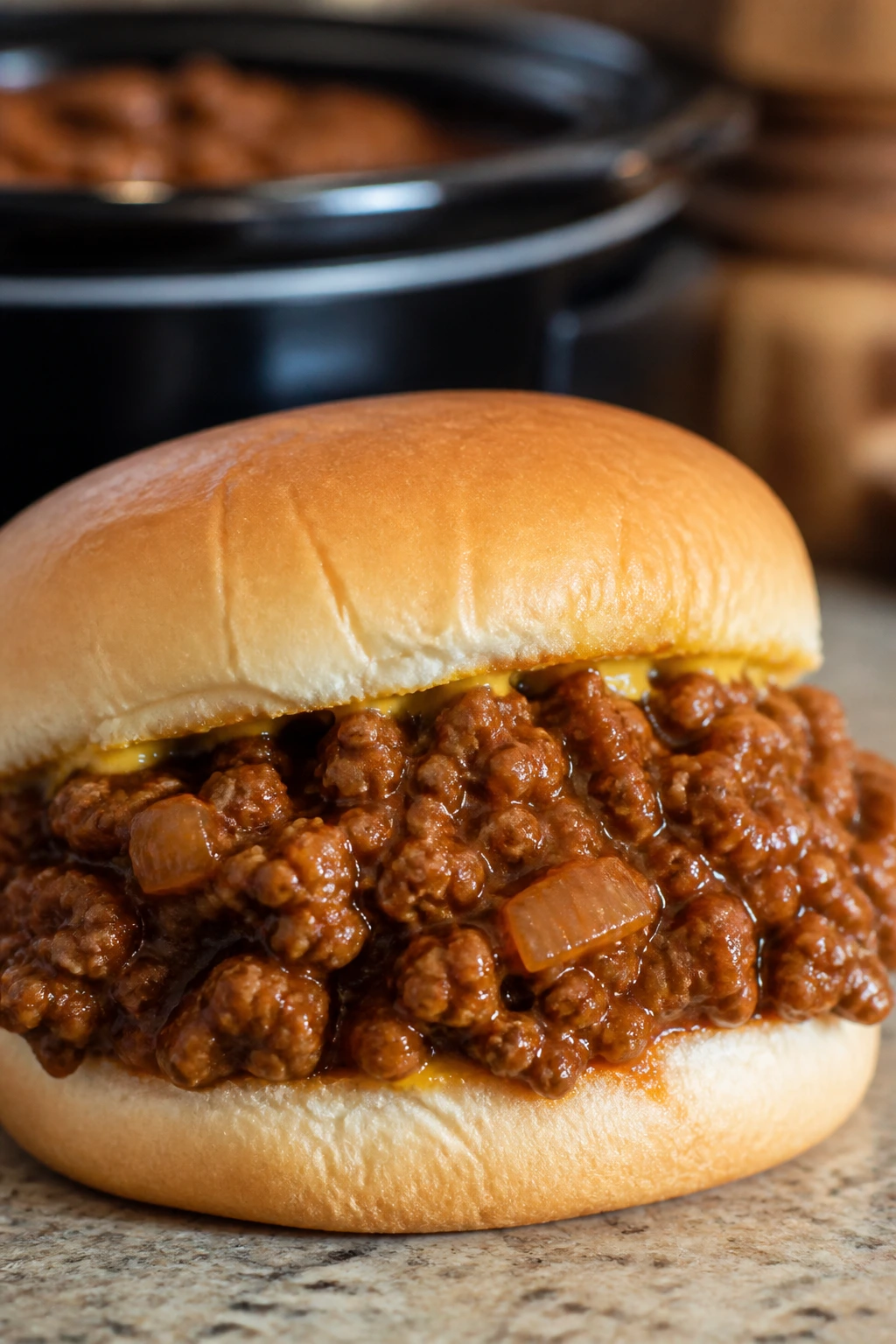 Close-up of Sloppy Joe on bun with thick sauce