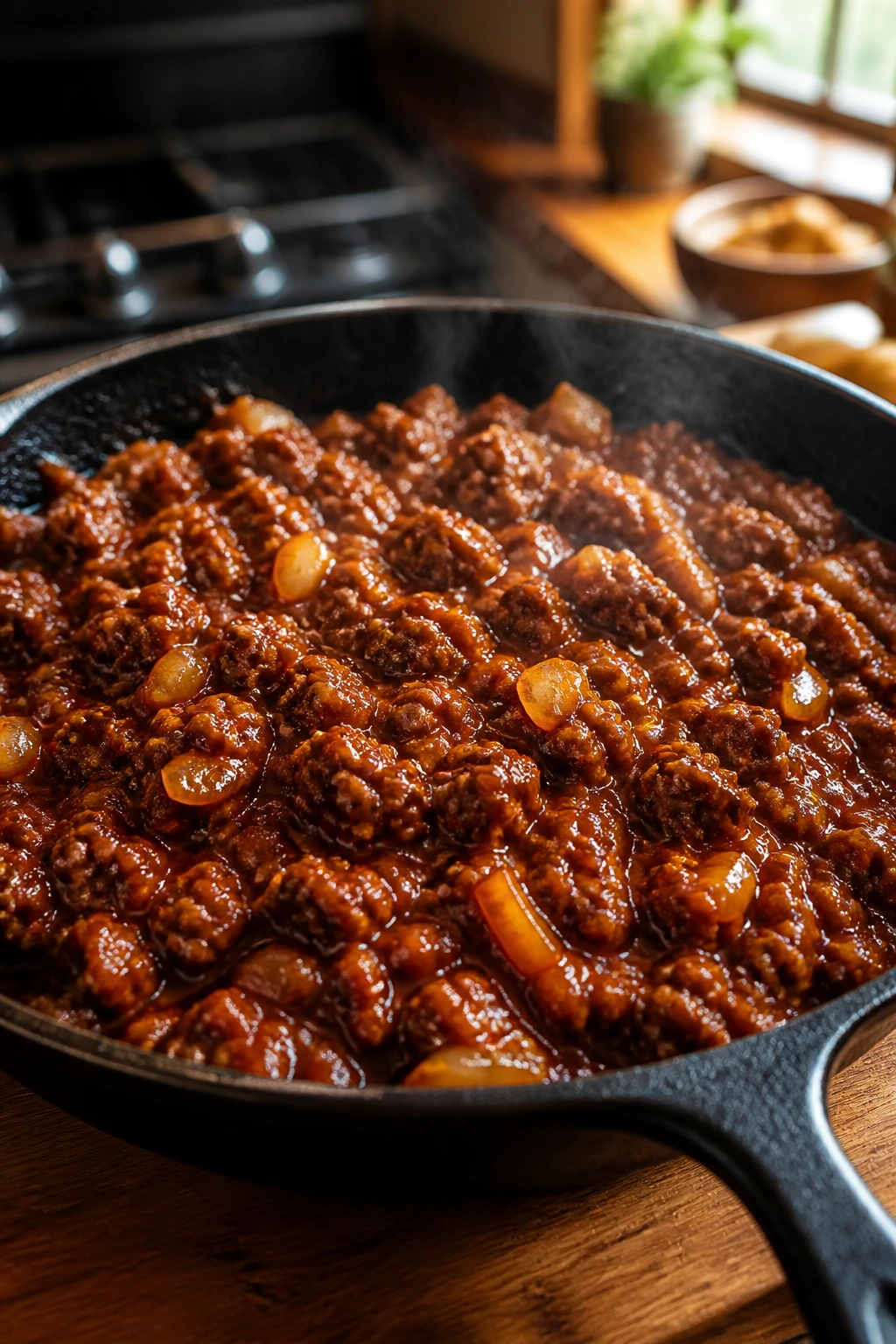 Close-up of sloppy joe in cast-iron skillet with rich sauce, filling the frame