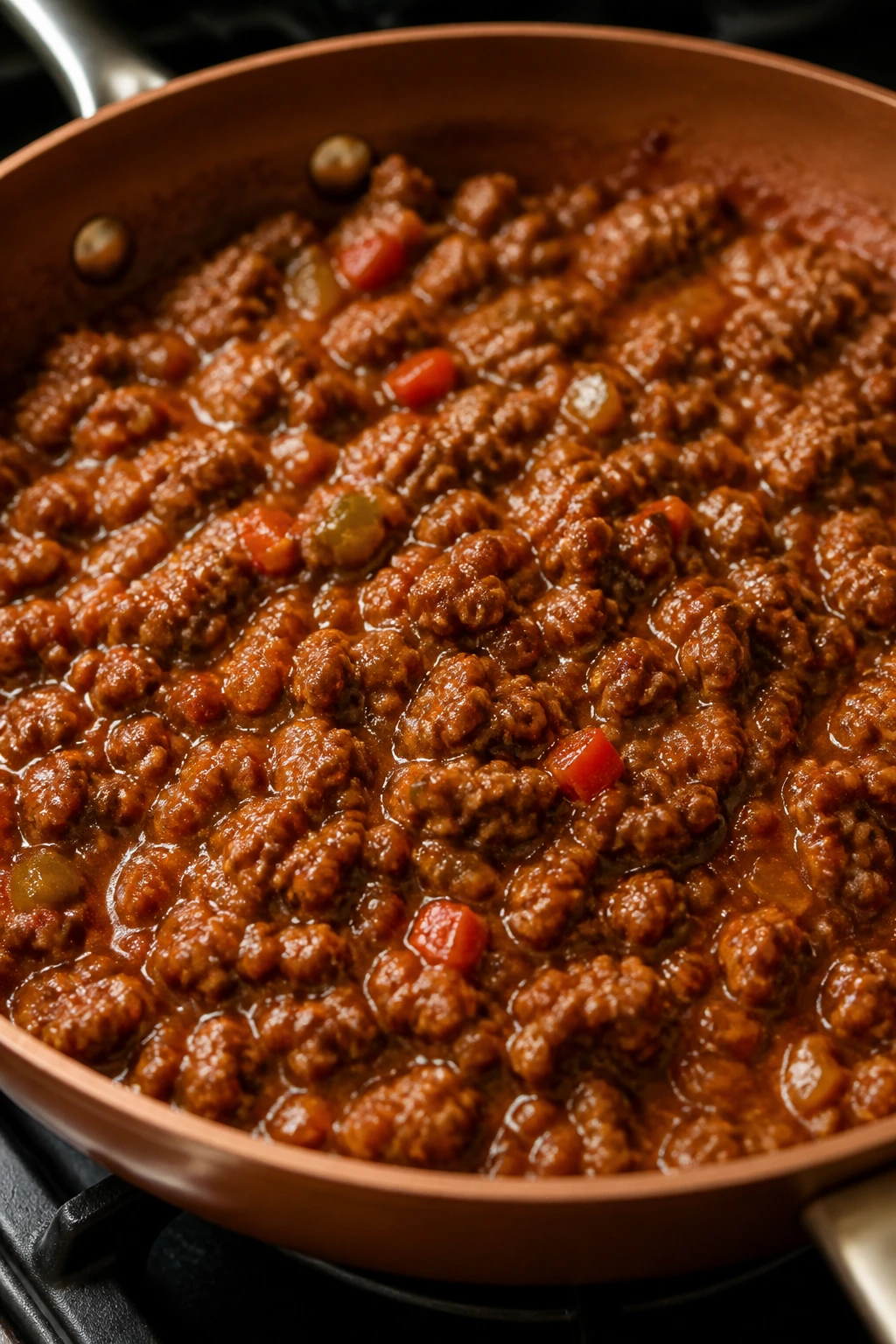 Sloppy joe meat in a copper skillet