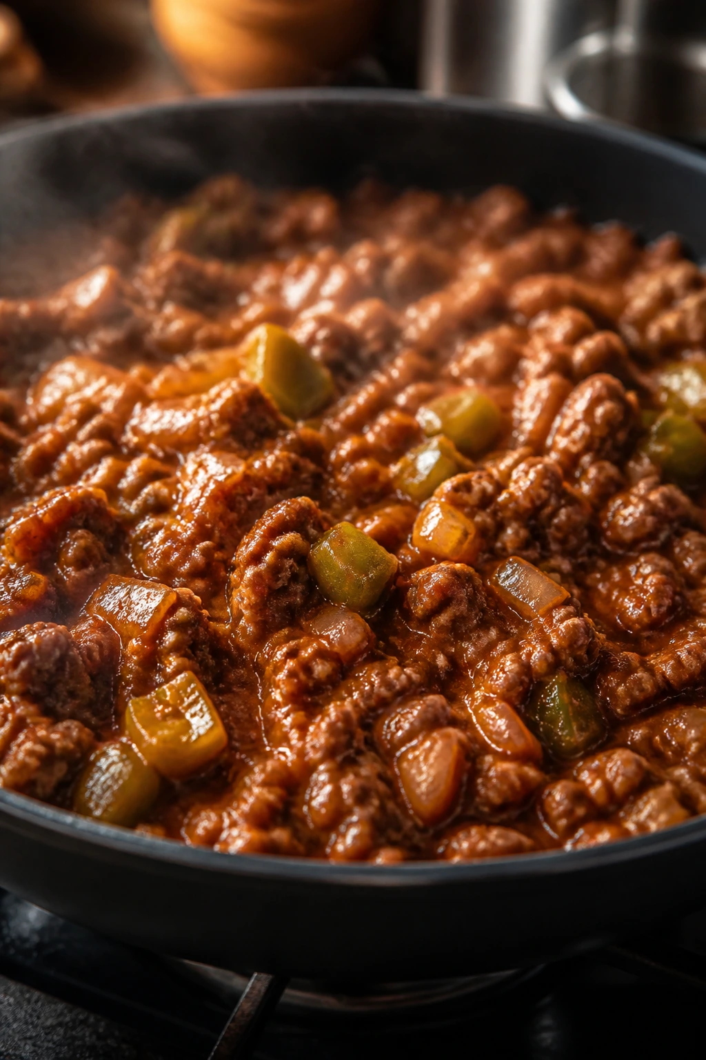 Skillet filled with sloppy joes and thick sauce