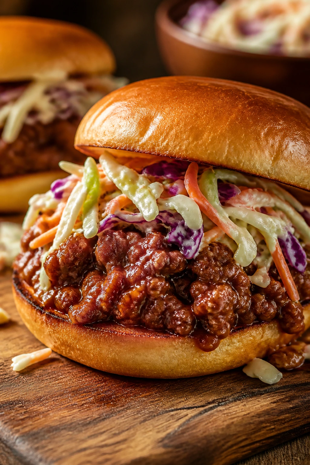 Sloppy Joe Slaw Sandwich in focus with slaw