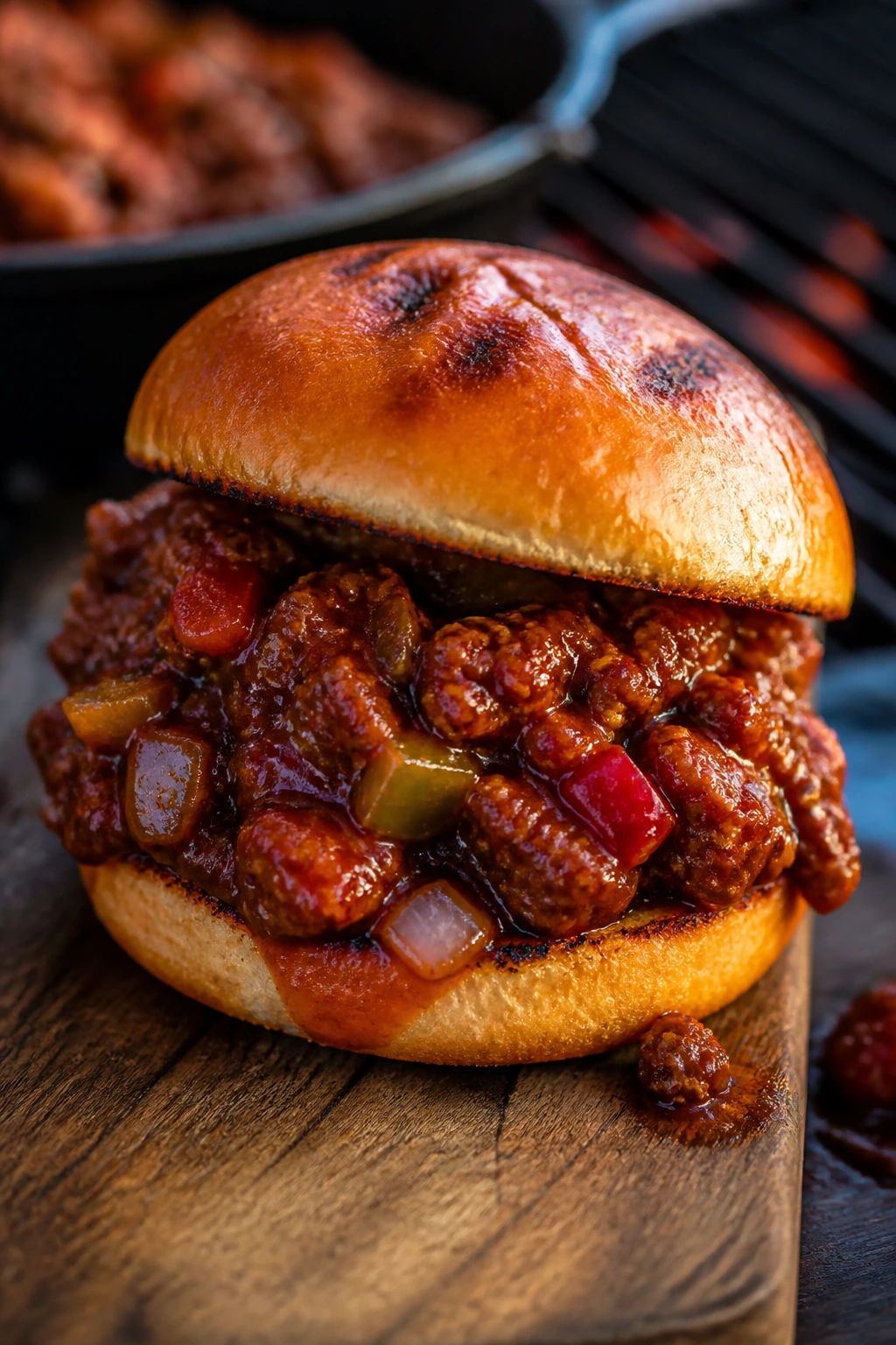 Close-up of a juicy sloppy joe slider on a toasted bun outdoors