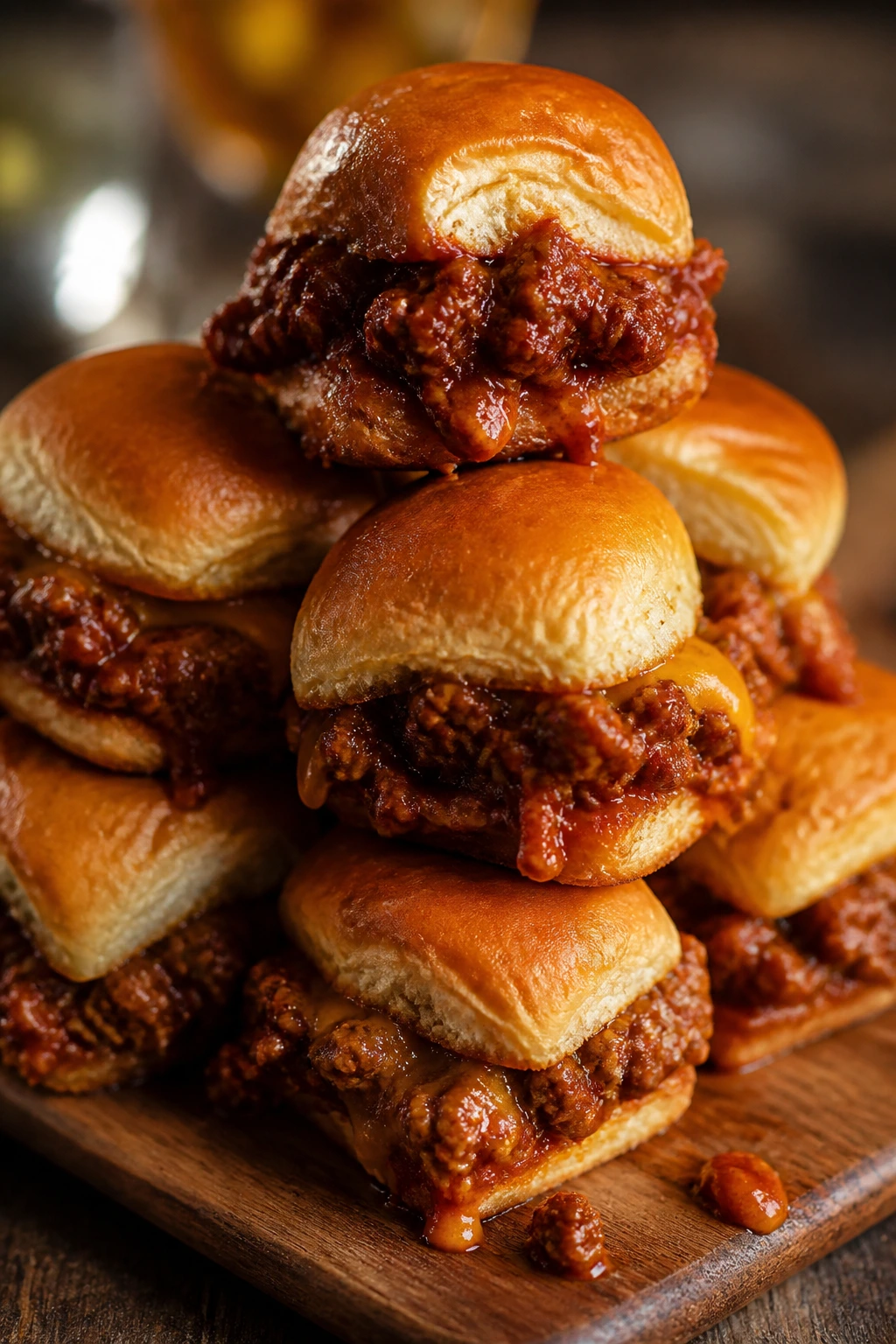 Close-up of sloppy Joe sliders on a wooden board with sauce