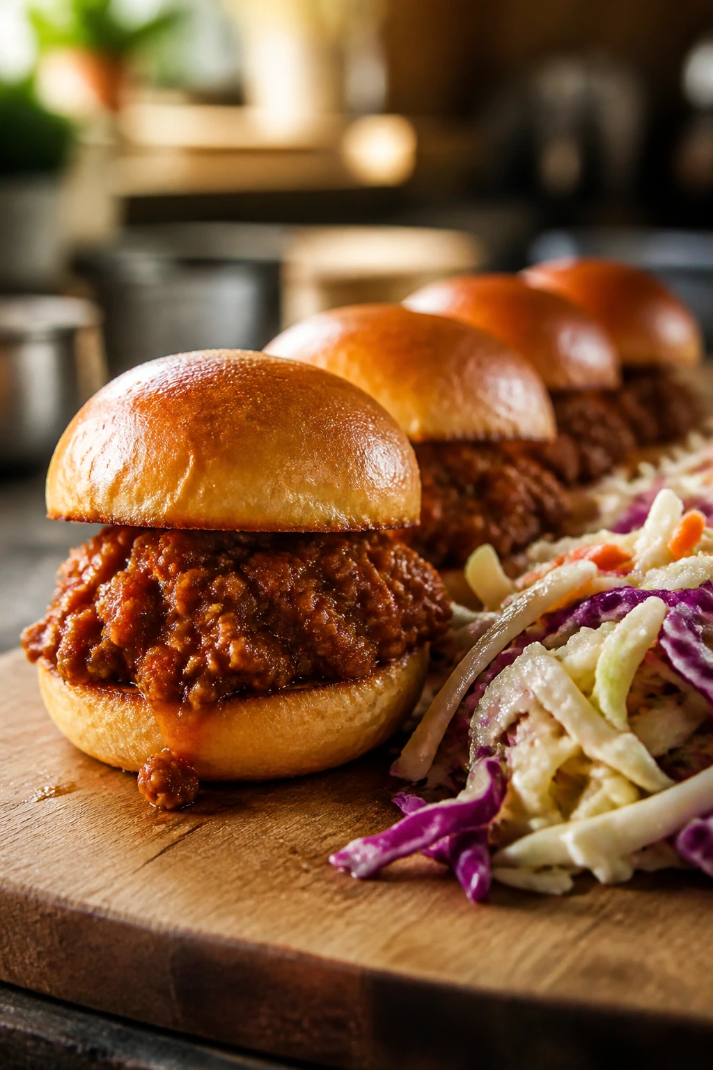 Sliders with beef filling and tangy cabbage slaw on a wooden board