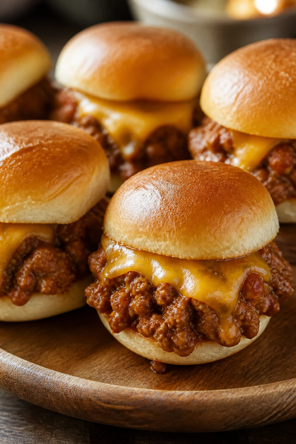 Sloppy joe sliders on a wooden serving board