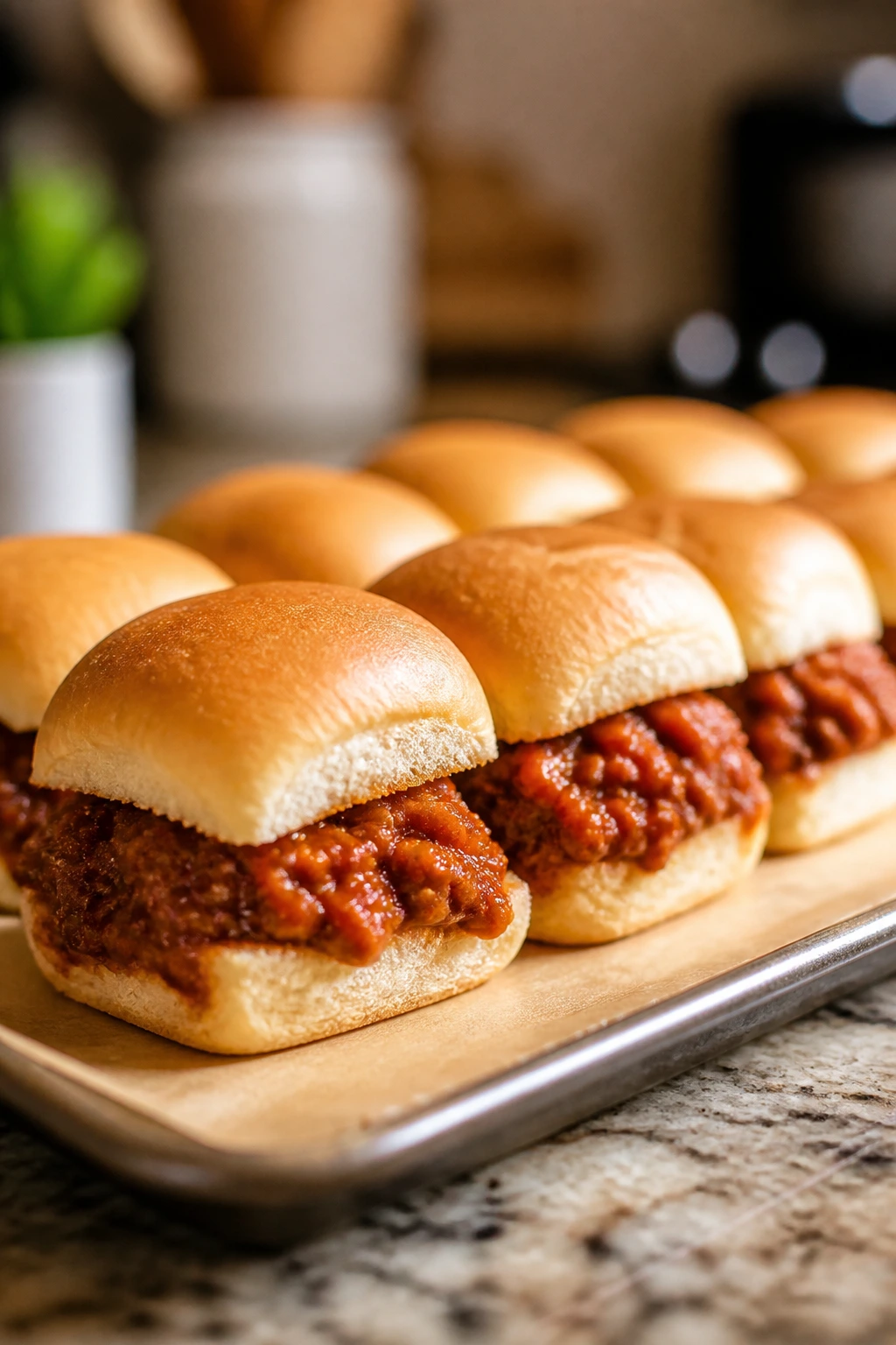 Close-up of mini sloppy joe sliders on a parchment-lined tray