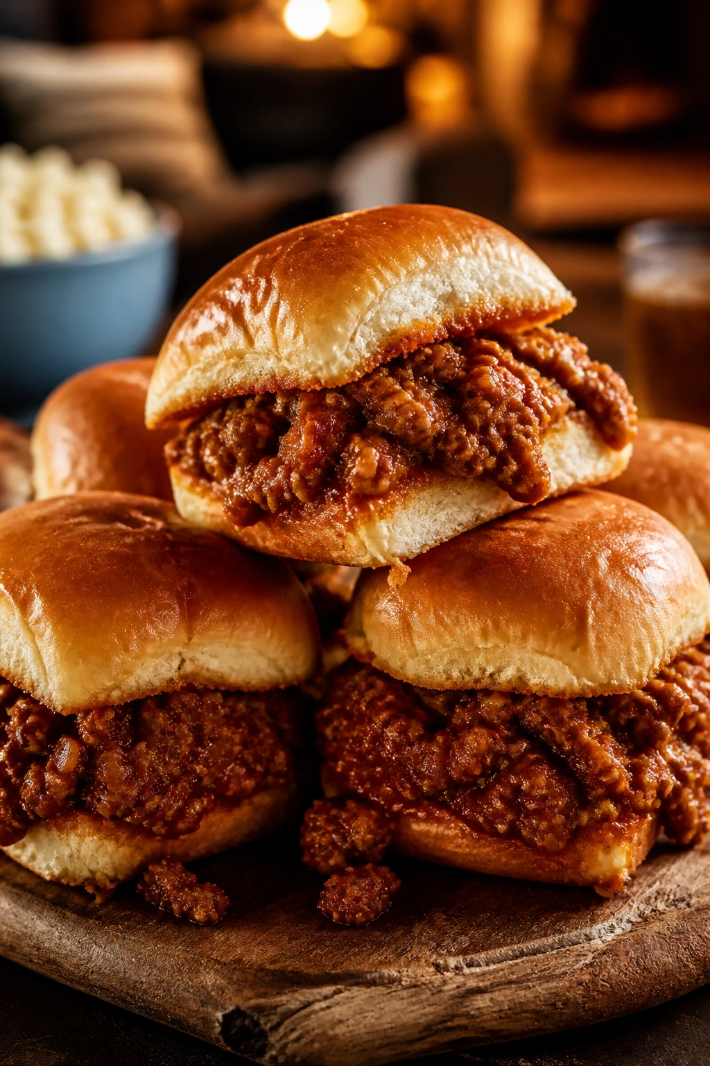 Sloppy joe sliders with saucy filling on a rustic board