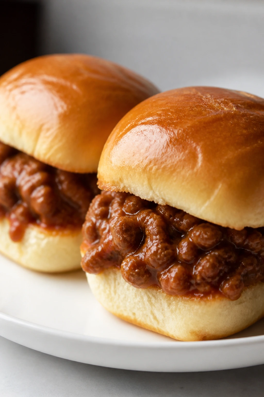 Two sloppy joe sliders on soft buns with saucy filling