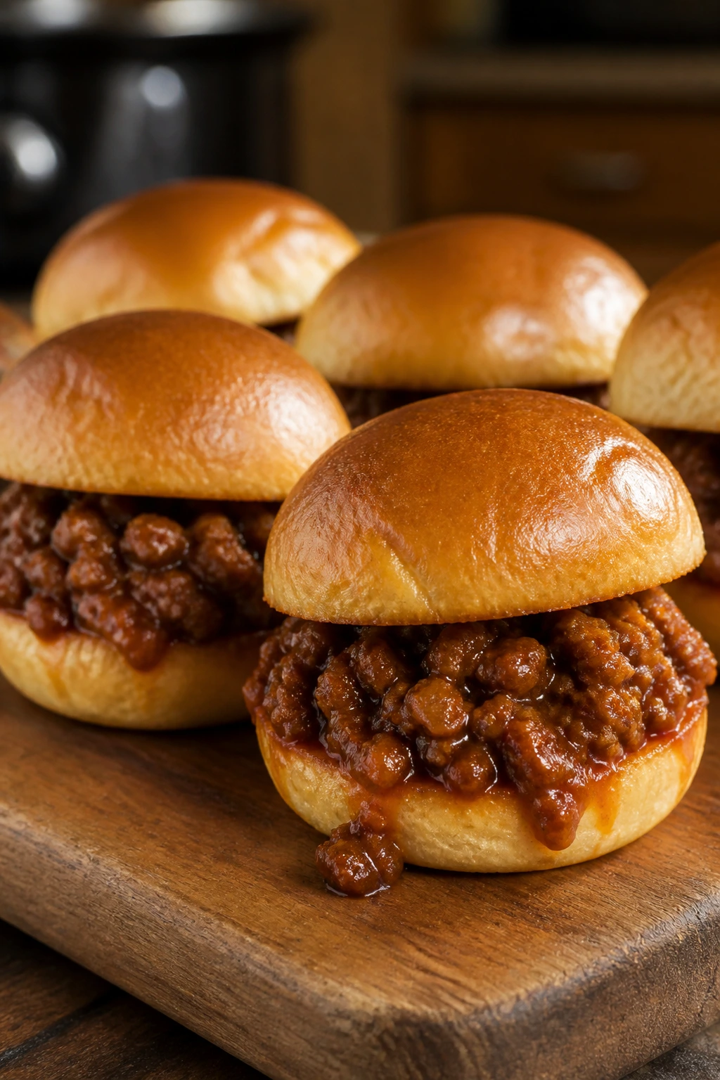 Close-up of sloppy joe sliders with saucy filling on a wooden board.