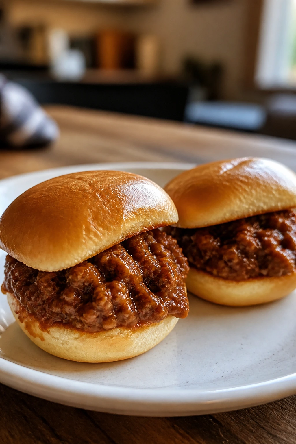 Close-up of two sloppy joe sliders on a plate with saucy filling