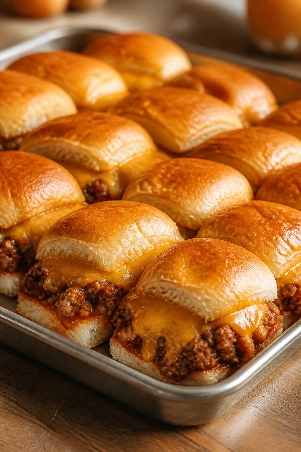 Sloppy Joe sliders with melted cheese on a baking tray