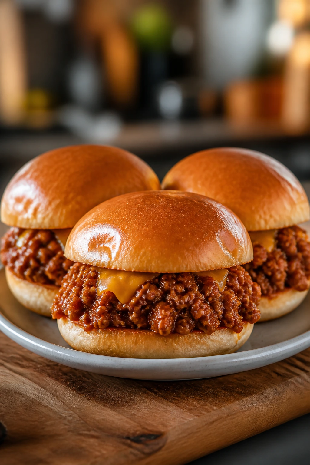 Three sloppy joe sliders on a wooden board