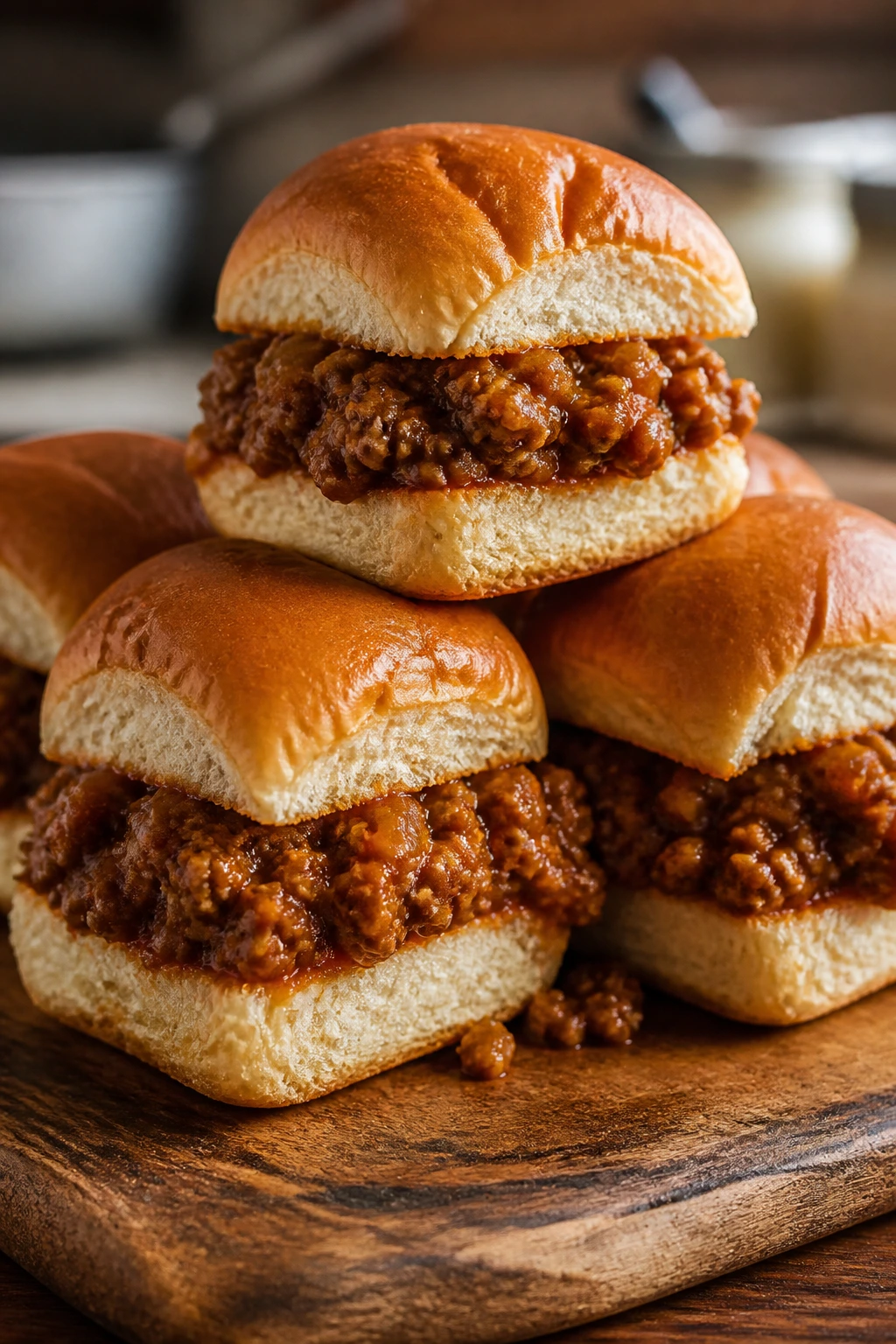 Close-up of sloppy joe sliders on wooden board