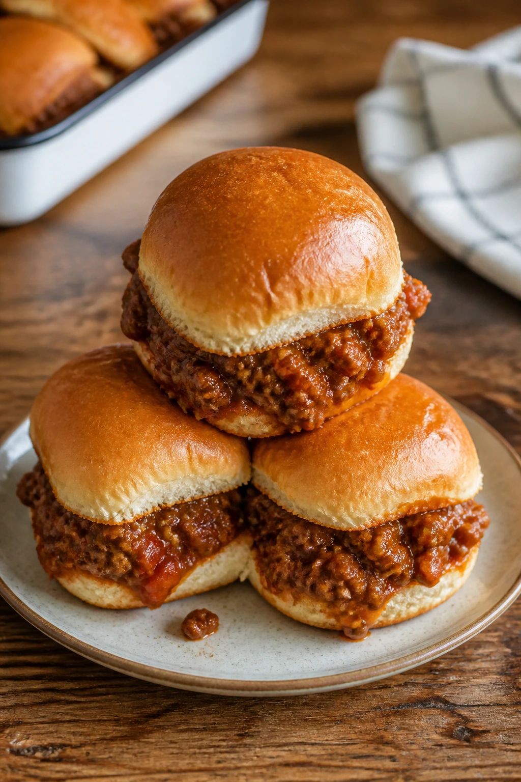 Sloppy Joe sliders on a plate with saucy filling