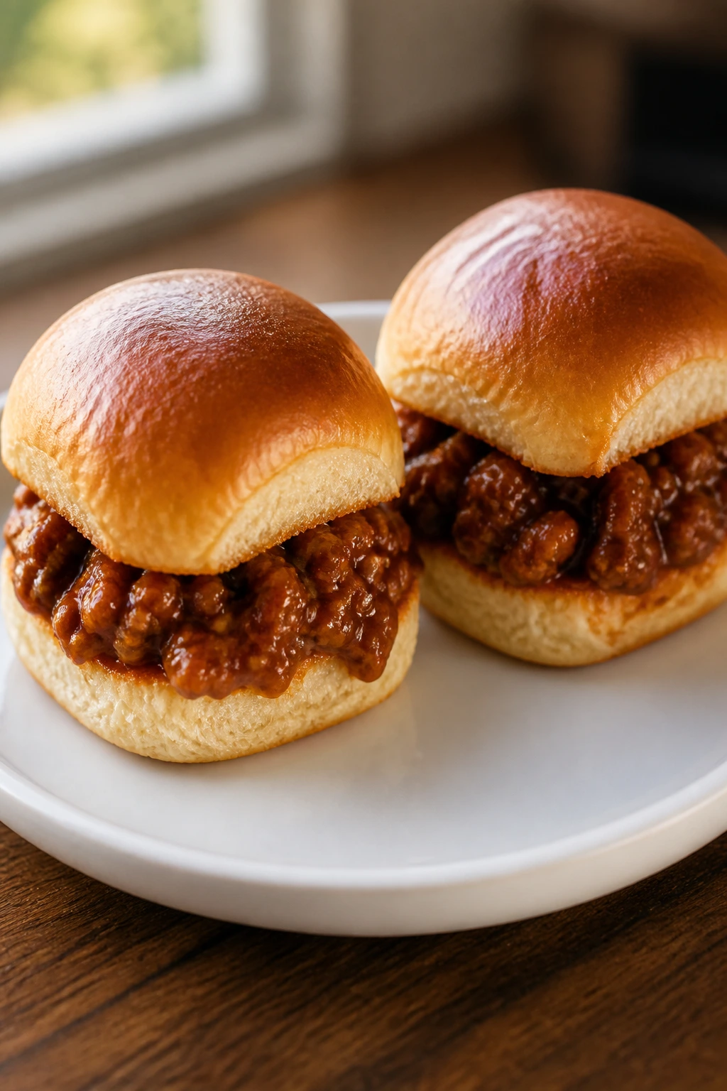 Two sloppy Joe sliders on a plate