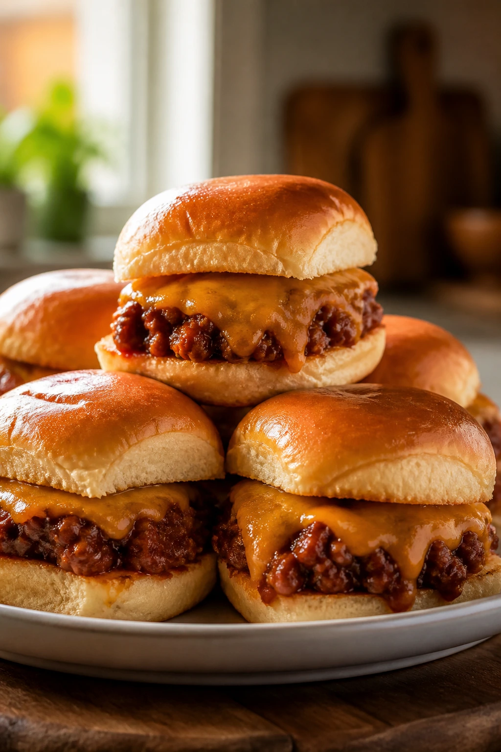 Close-up of sloppy joe sliders on buns with cheese.