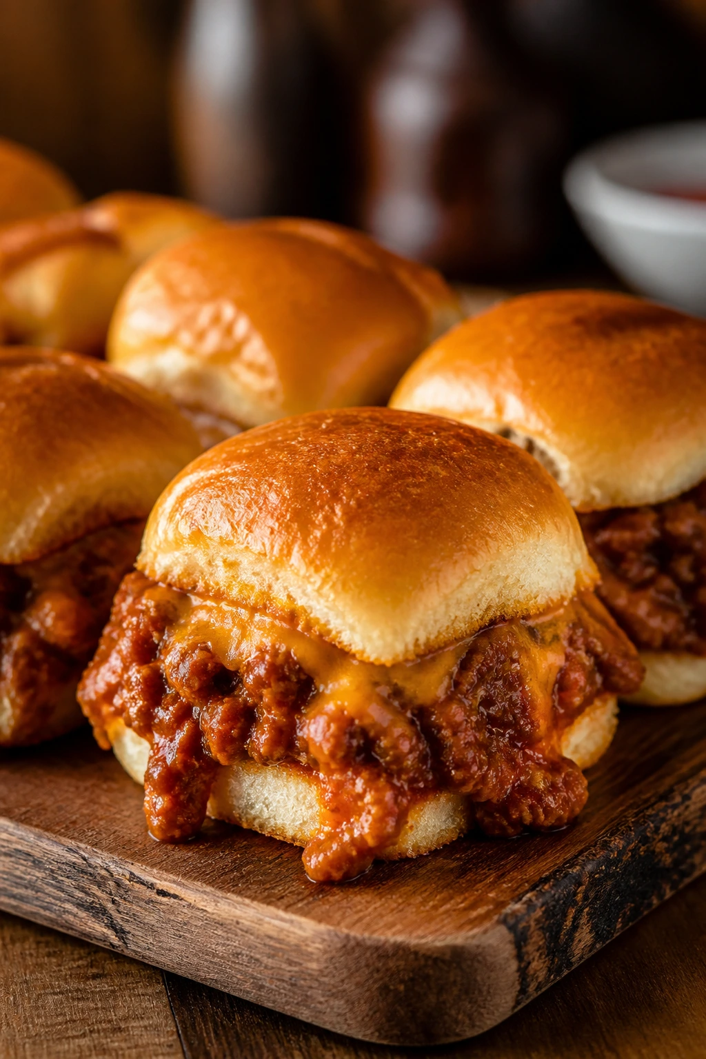 Close-up of Sloppy Joe Sliders on a rustic board with beefy filling and melted cheddar