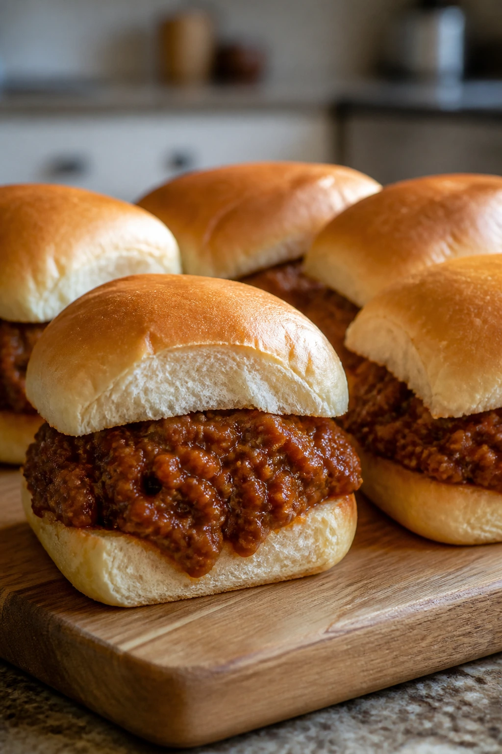 Sloppy joe sliders on soft buns with glossy beef filling