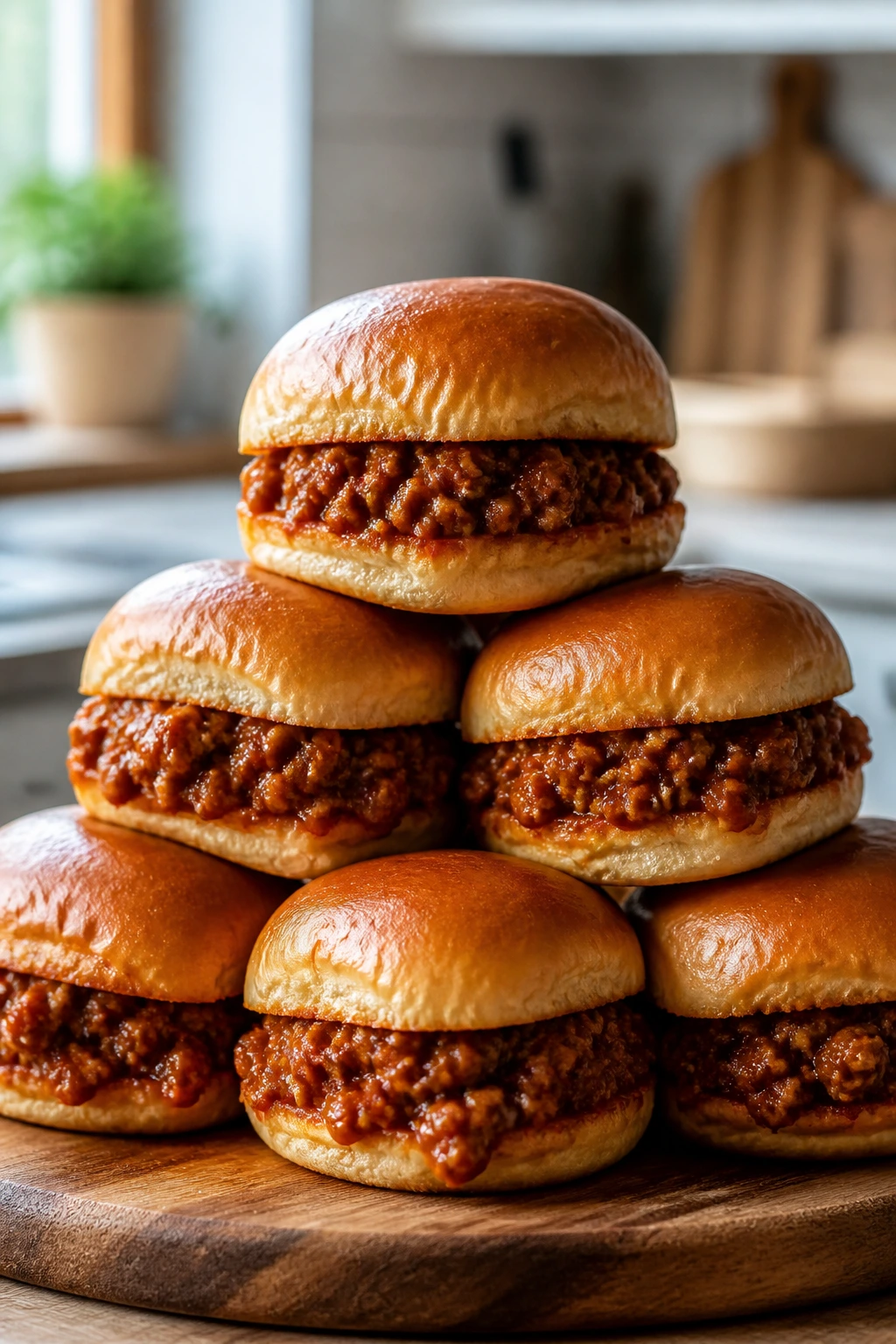 Sloppy Joe Sliders stacked on wooden board with saucy beef filling.