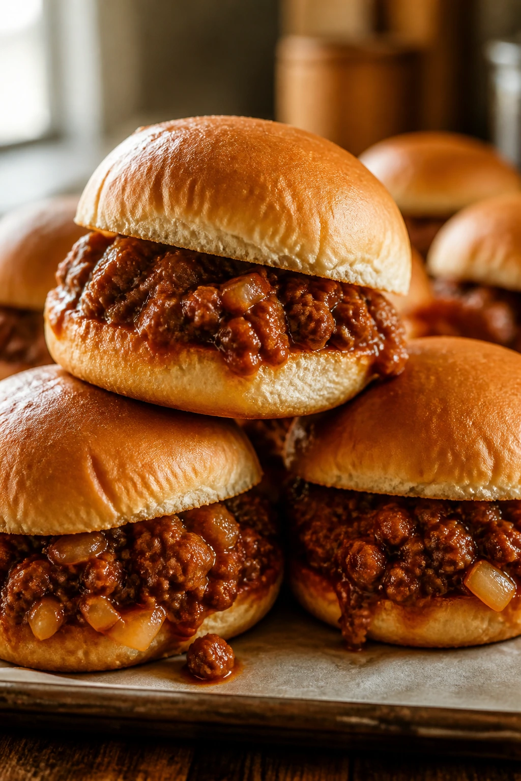 Close-up of saucy Sloppy Joe sliders on a parchment-lined tray in a warm kitchen