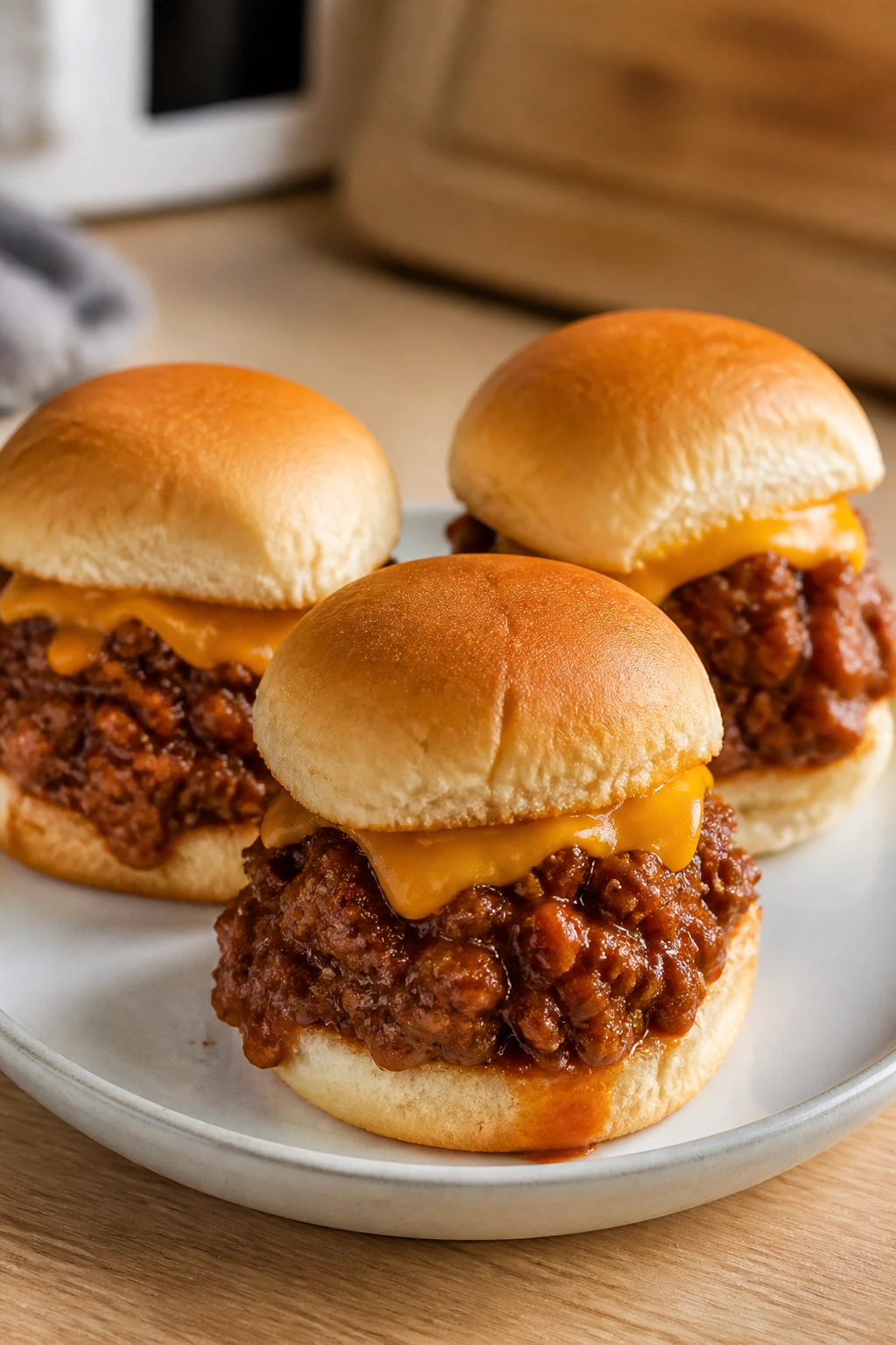 Close-up of sloppy joe sliders with beef and cheese on small plate