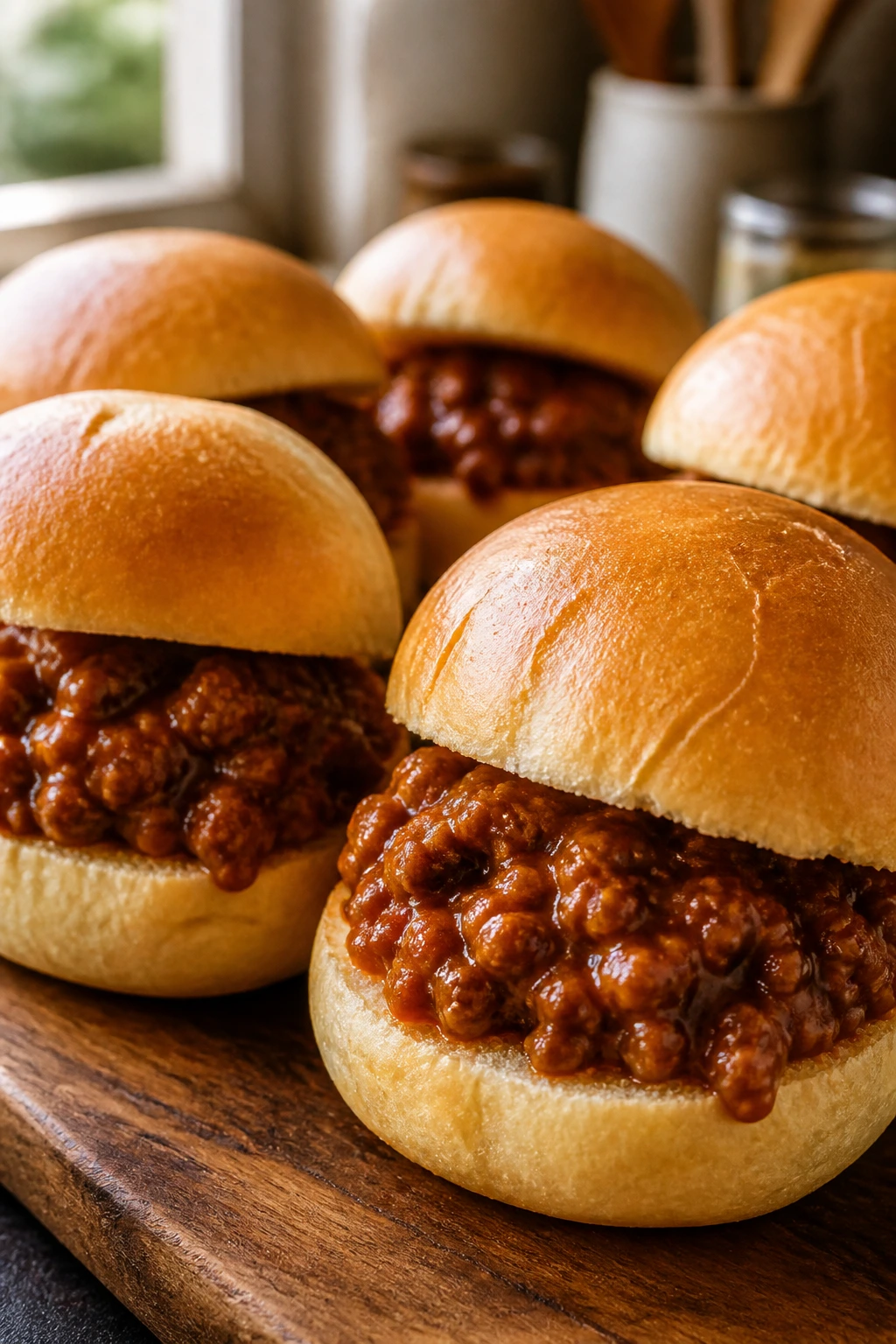 Close-up of sloppy joe sliders on wooden board with a thick sauce