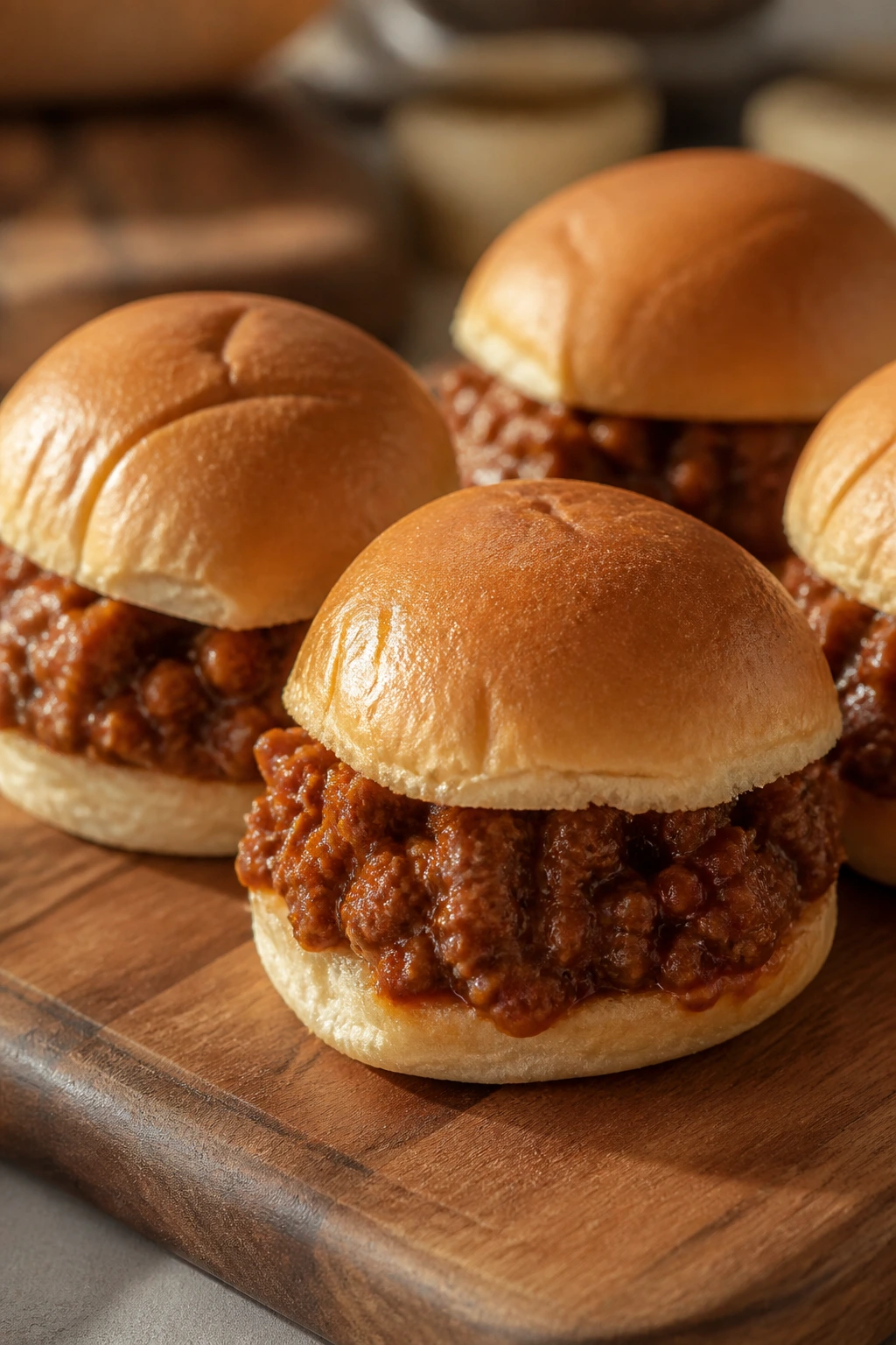 Close-up of sloppy joe sliders on a wooden board