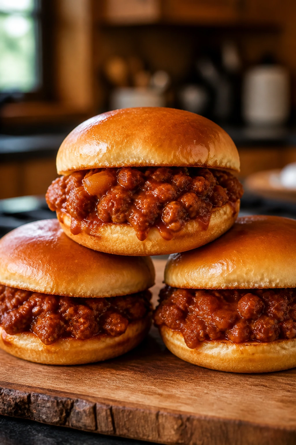 Close-up of sloppy joe sliders on a wooden board with glossy beef filling