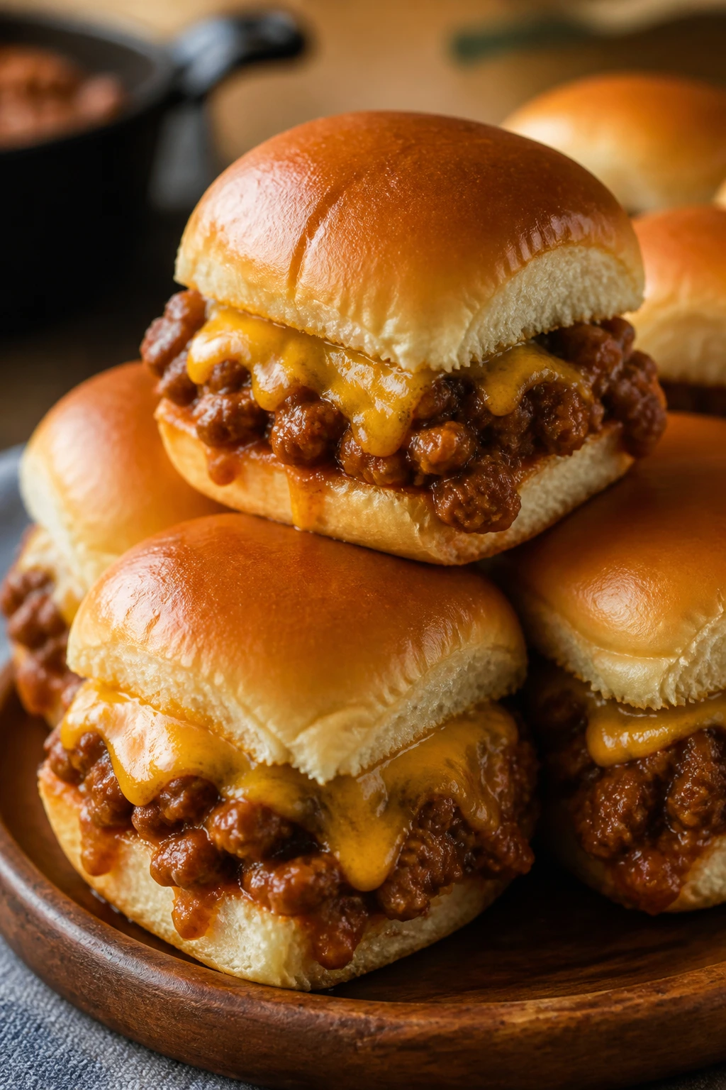 Close-up of sloppy joe sliders stacked on a plate with saucy beef and melted cheese
