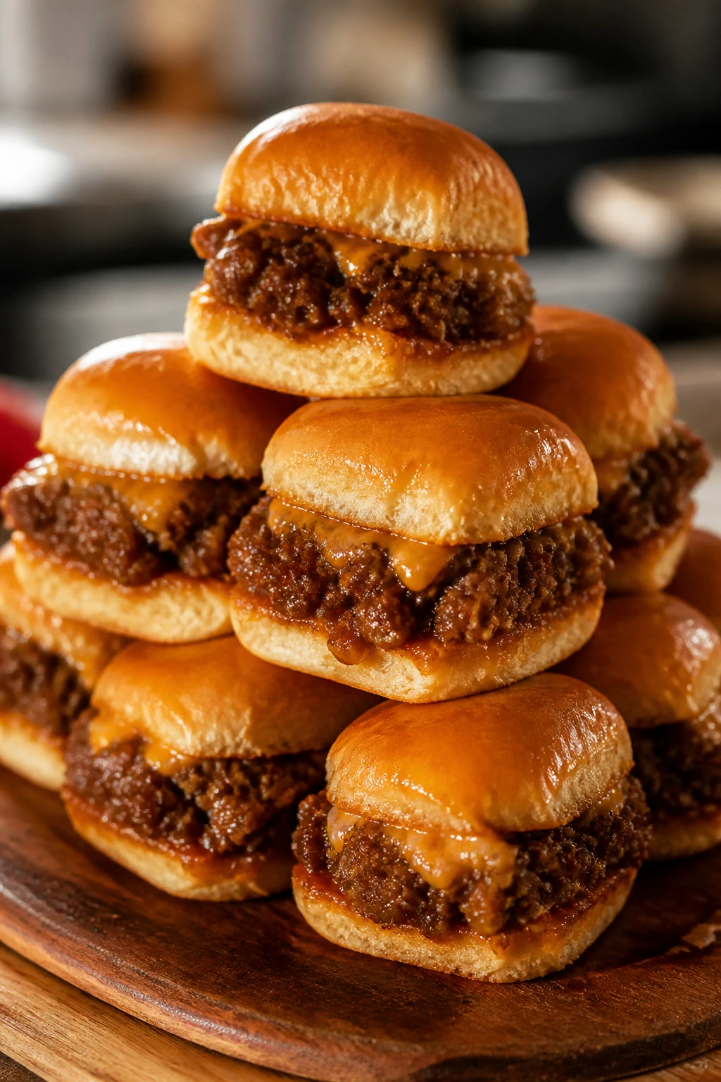Close-up of glossy mini Sloppy Joe sliders on wooden board