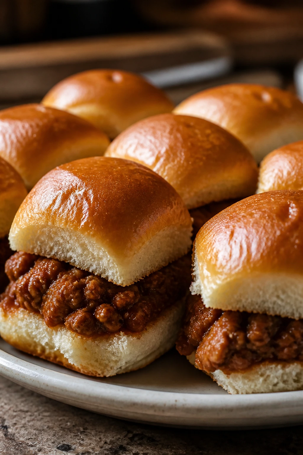 Close-up of saucy sloppy joe sliders on soft dinner rolls