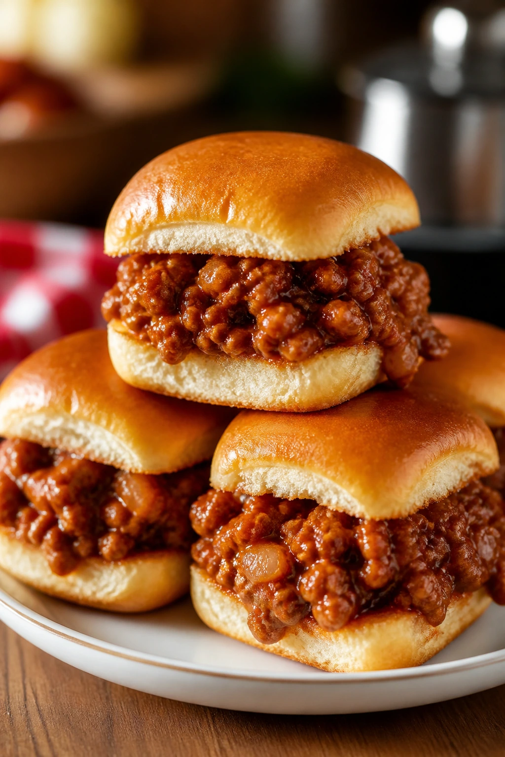 Stack of sloppy joe sliders with glossy sauce on plate