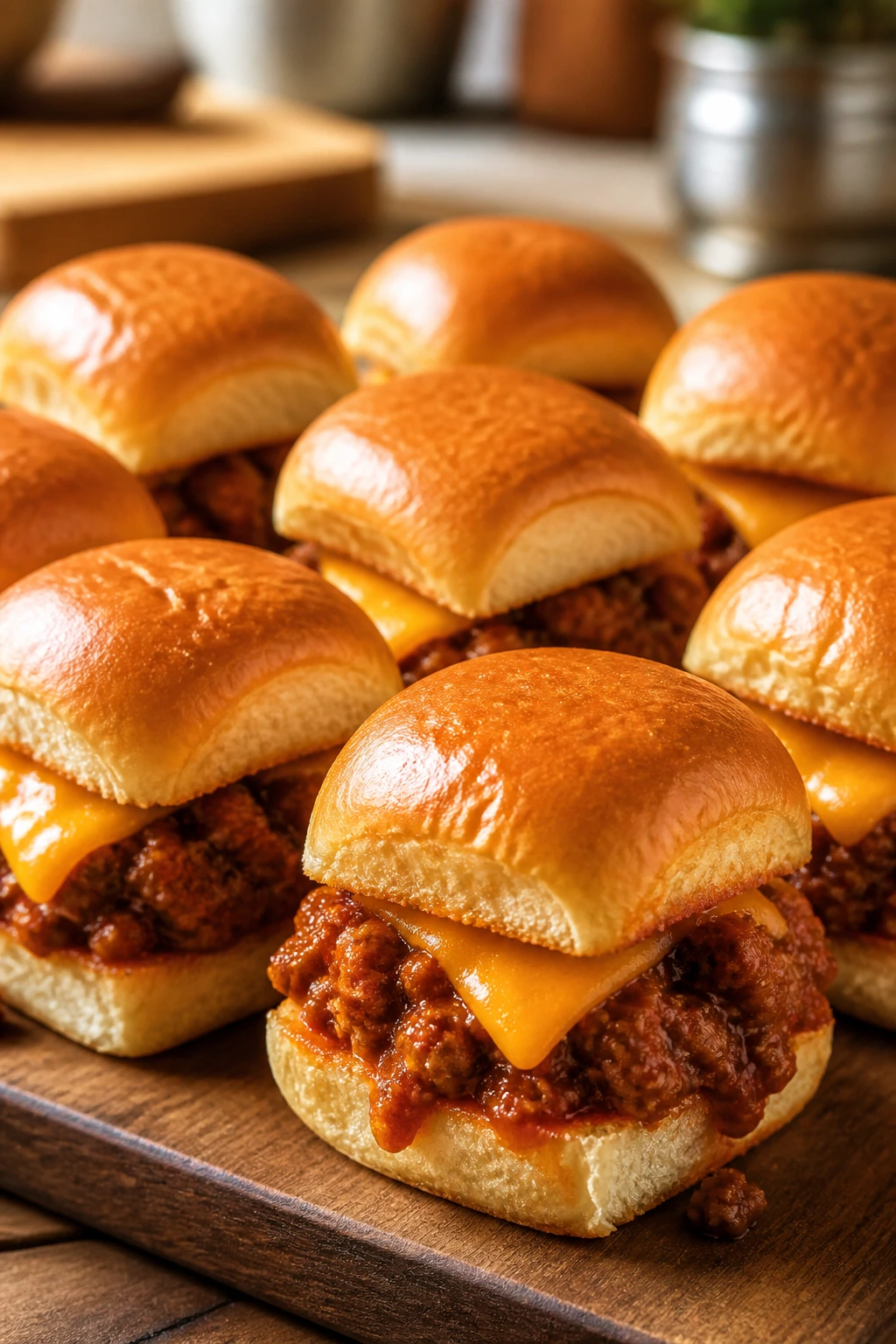 Close-up of glossy sloppy joe sliders on a board